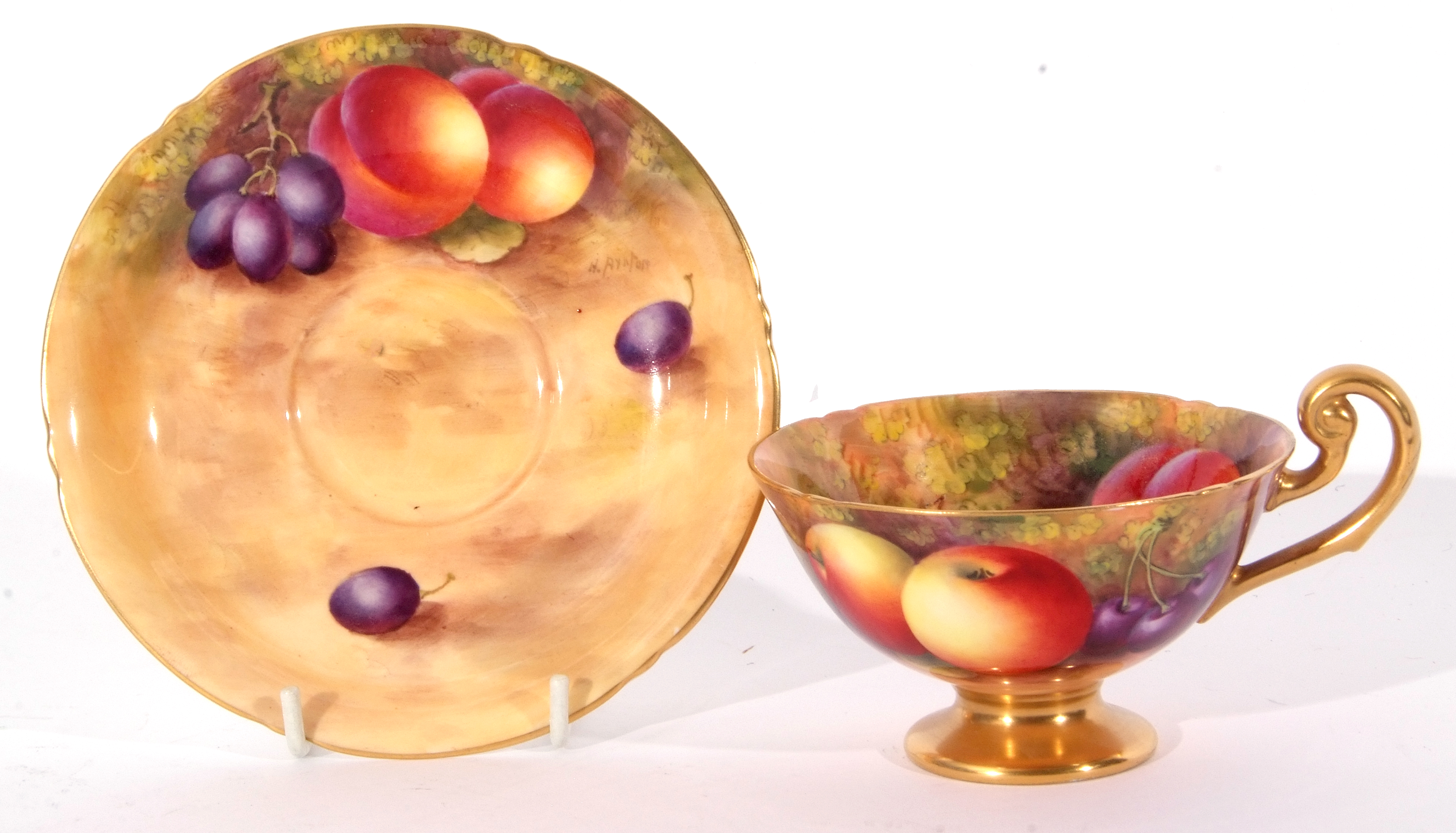 Royal Worcester cup and saucer, both decorated with fruit by Harry Ayrton, signature to cup and - Image 2 of 10