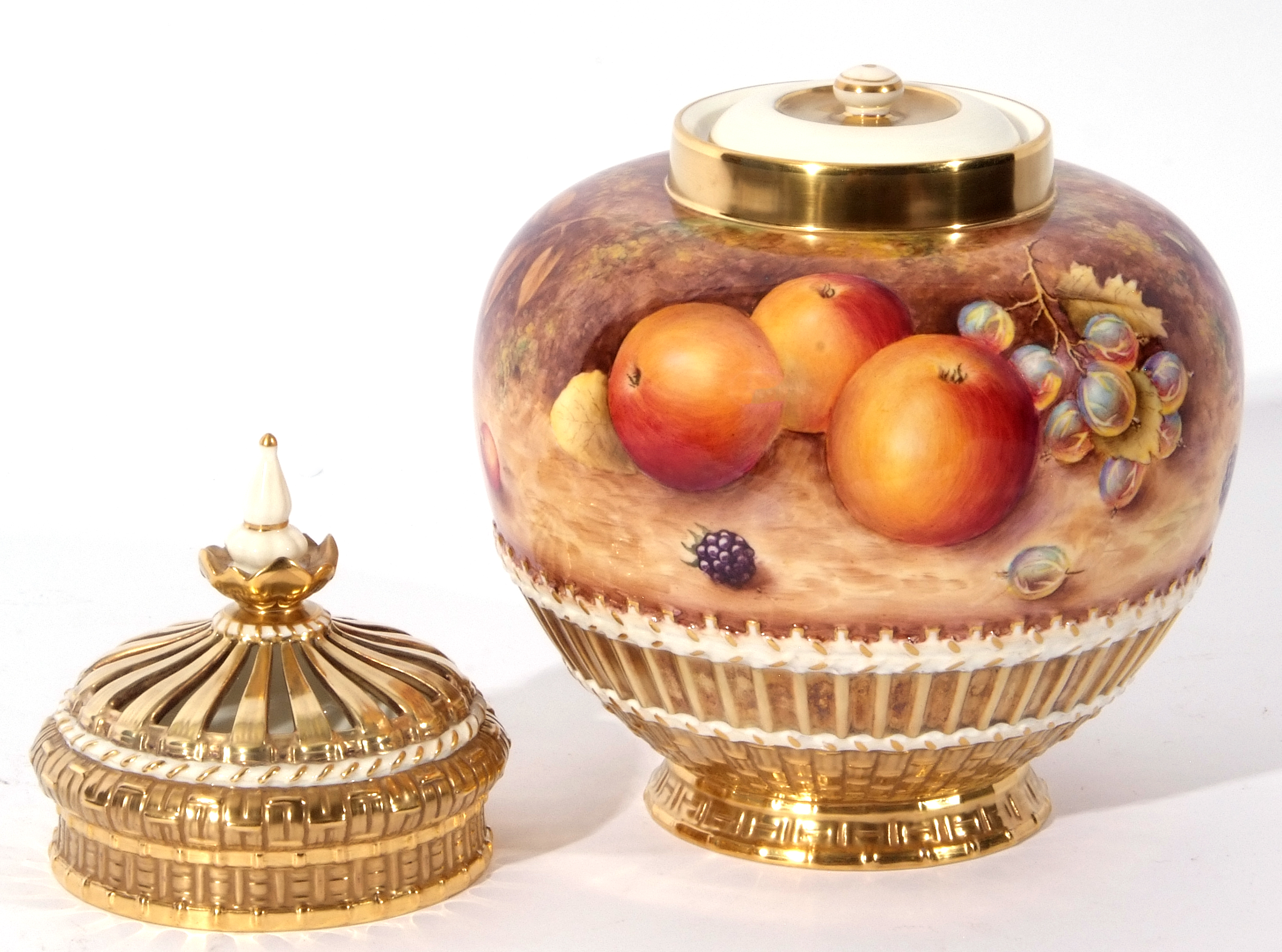 Royal Worcester large vase decorated with fruit, signed by T Nutt, with reticulated gilt cover and - Image 6 of 9
