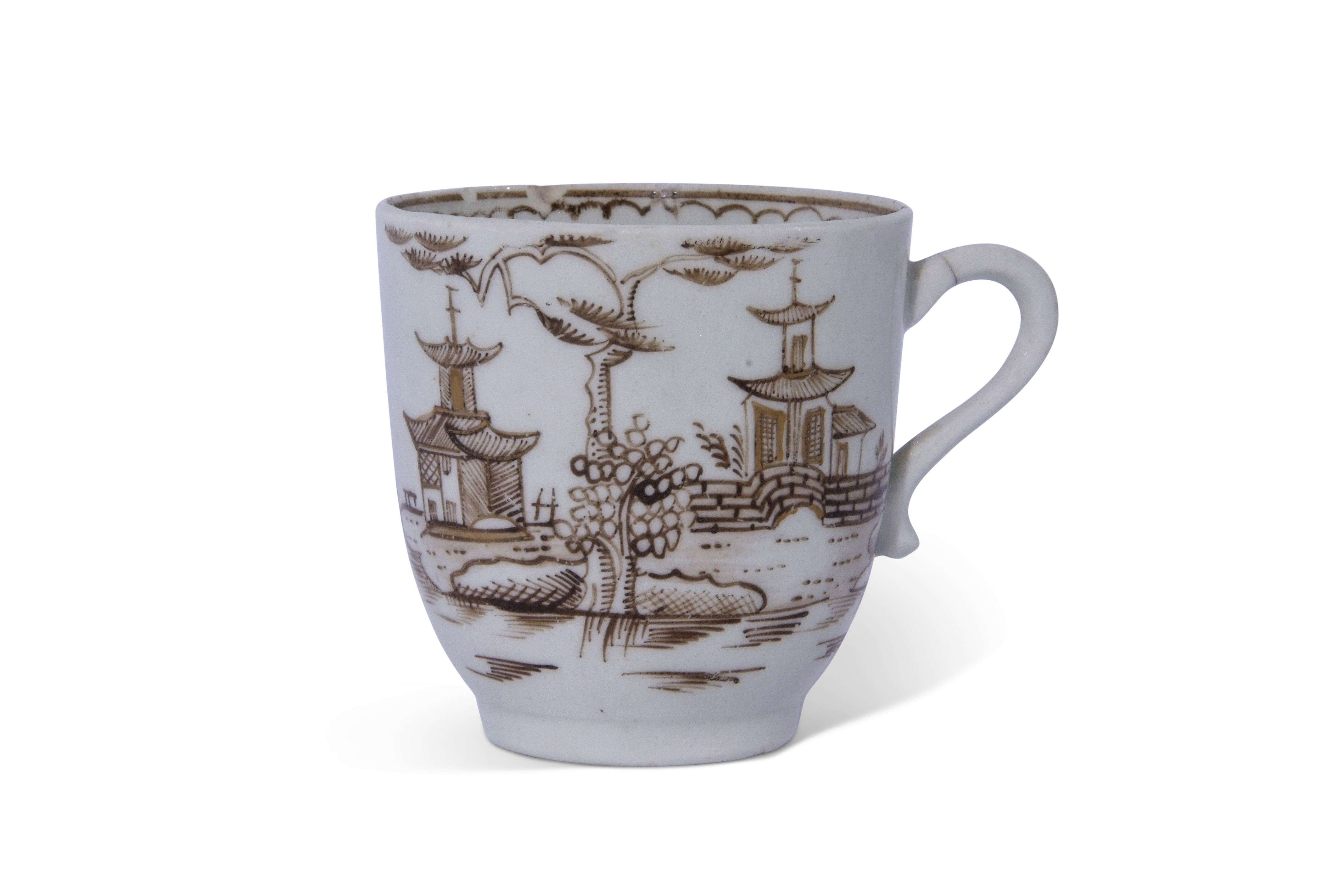 Rare Lowestoft cup with a sepia design of pagodas with river scene and house verso, 6cm high