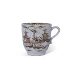 Rare Lowestoft cup with a sepia design of pagodas with river scene and house verso, 6cm high