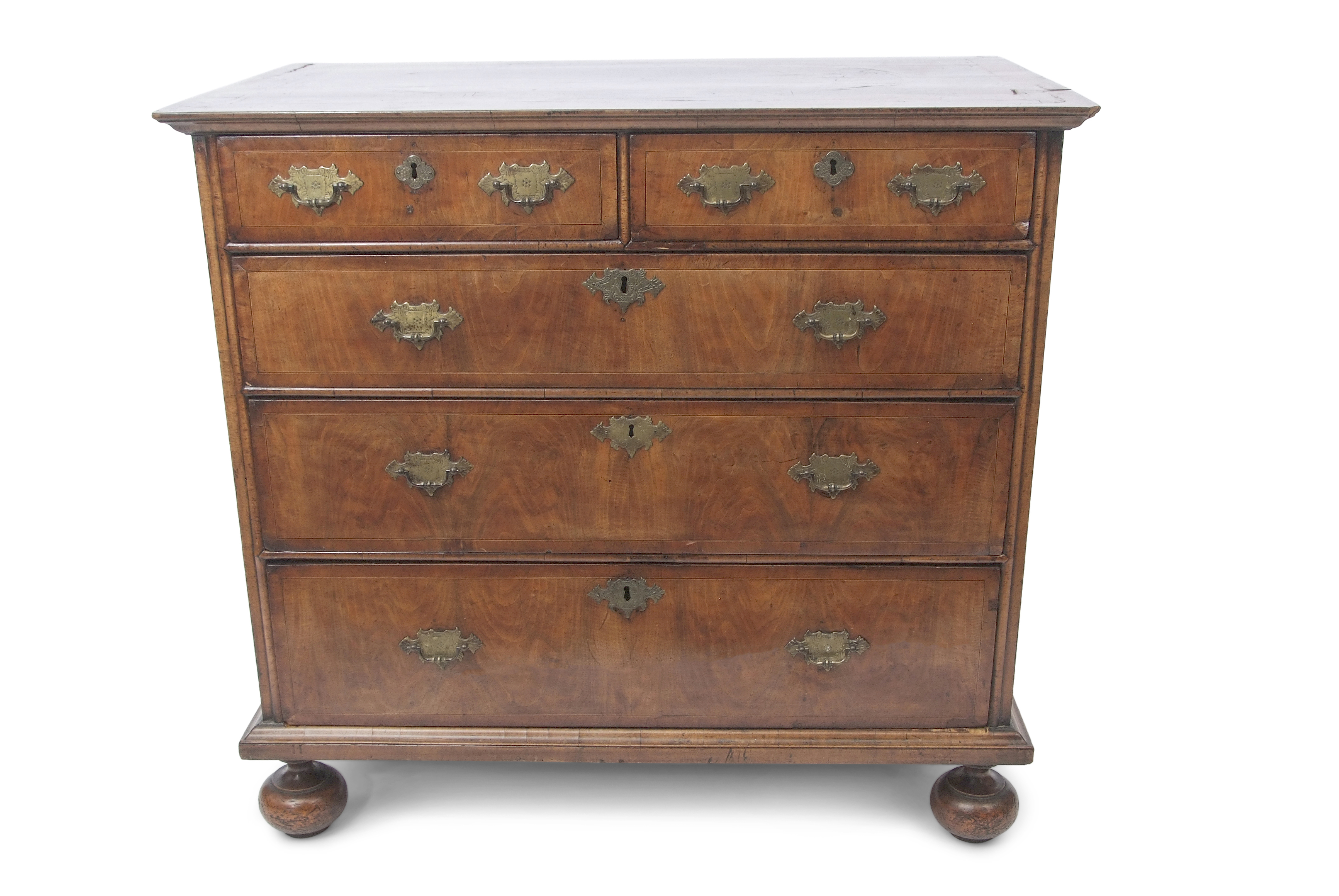 Late 17th/early 18th century walnut chest, the inlaid top over two short and three full width