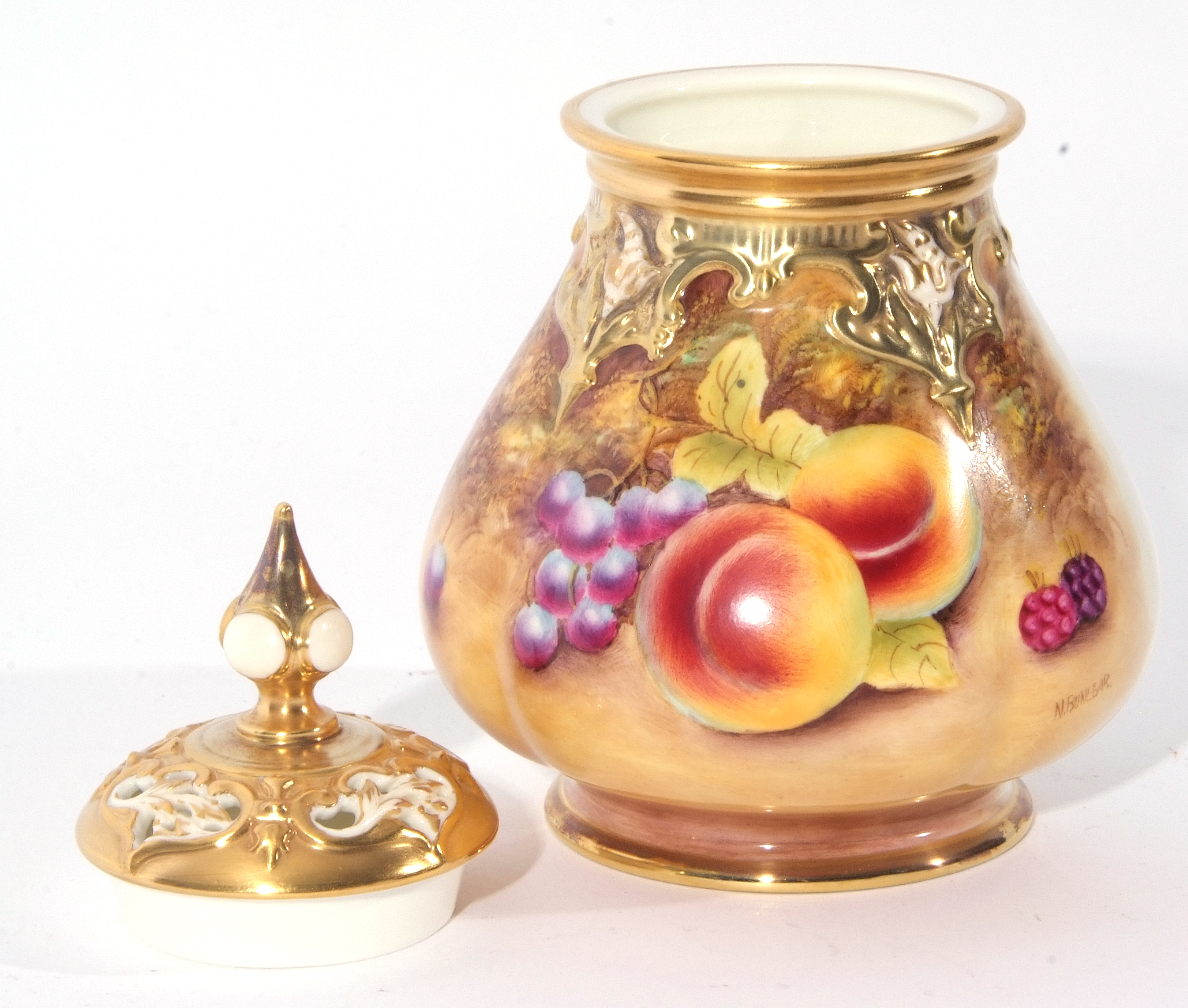 Royal Worcester vase with reticulated cover decorated with fruit, signed by N Bunegar, factory - Image 8 of 9