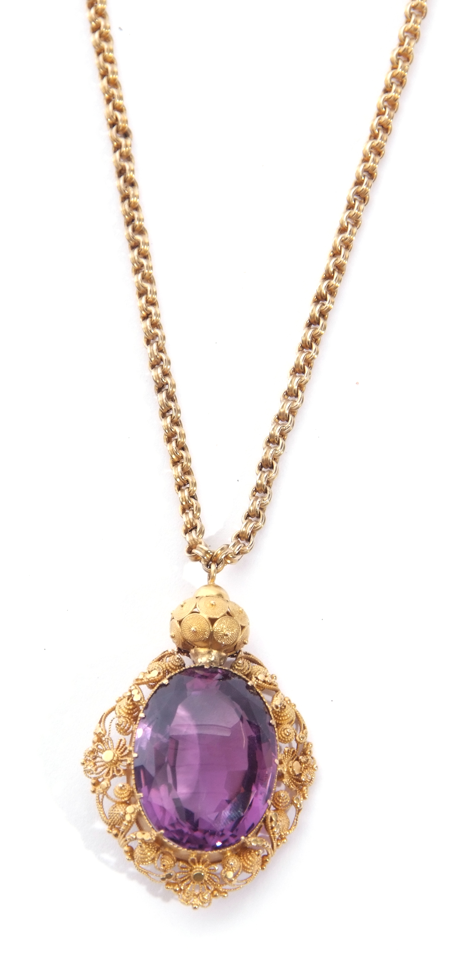 Antique amethyst pendant and chain, the oval faceted amethyst, 22 x 14mm, in an ornate Etruscan - Image 6 of 7