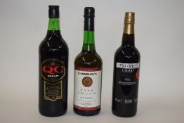 Three bottles asstd Sherry viz 1ltr QC Cream Sherry, 1 bt Pale Cream Sherry and 1 bt Tio Nico