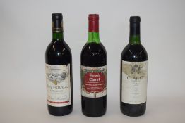 Three bottles: 1 bt Beau Rivage, Bordeaux, 1 bt Harrods Claret and 1 bt Claret Bordeaux, Paul