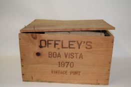 Nine waxed topped bottles with deep punts, contained in a wooden Offley Port Box (a/f)