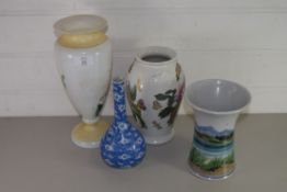 COLLECTION OF GLASS VASES AND CHINESE BLUE AND WHITE VASE WITH PRUNUS DESIGN