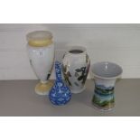 COLLECTION OF GLASS VASES AND CHINESE BLUE AND WHITE VASE WITH PRUNUS DESIGN