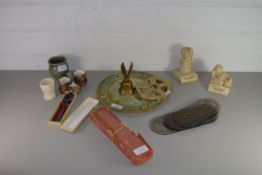 POTTERY AND OTHER ITEMS, DOMINOES, SMALL BRASS BELL ETC