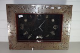 LARGE WALL CLOCK IN METAL CASE, THE NUMERALS PICKED OUT IN SILVER METAL OBJECTS