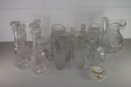 CUT GLASS WARES, TWO DECANTERS, LARGE WATER JUG, PAIR OF CANDLESTICKS ETC