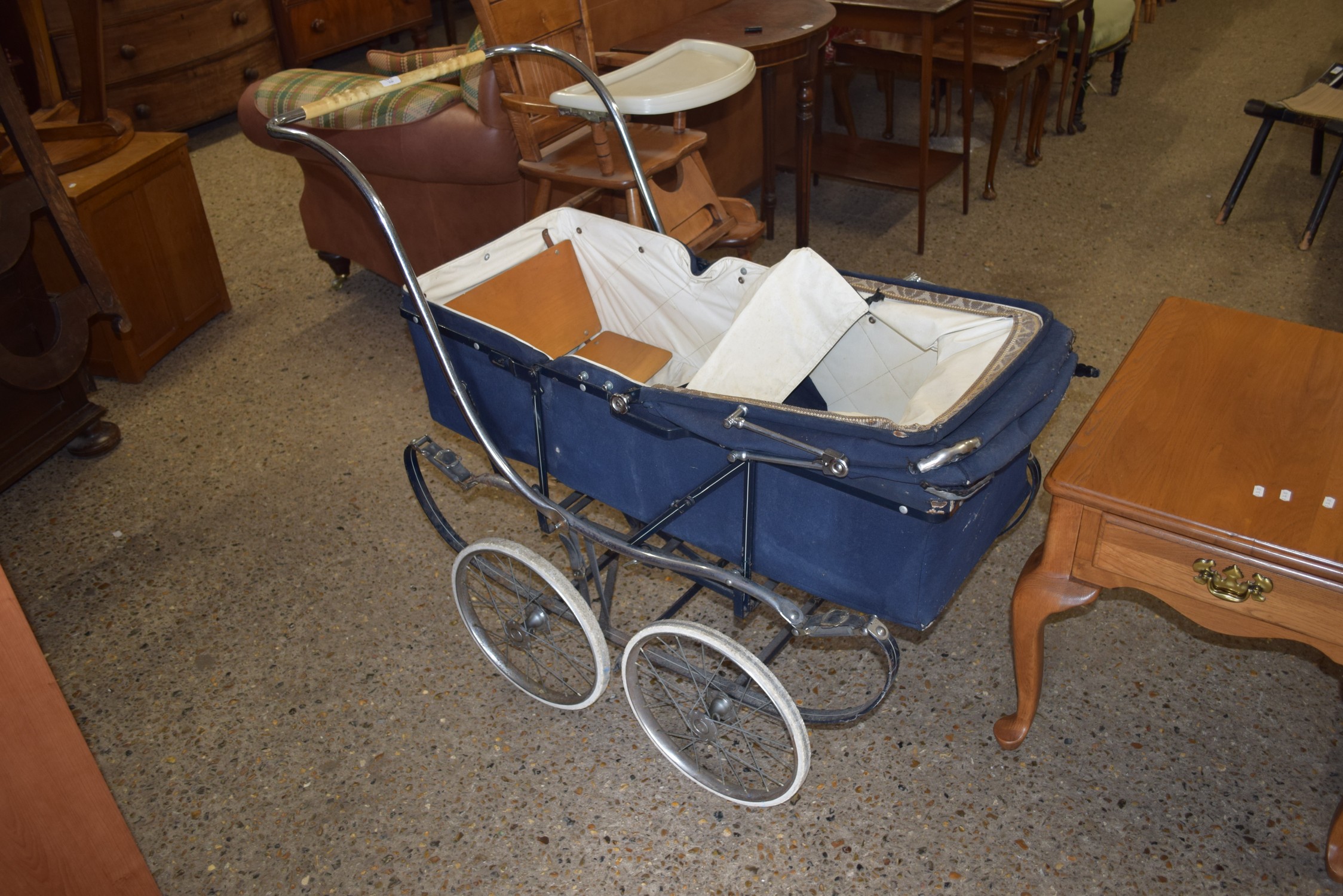 VINTAGE BLUE FOUR-WHEELED PRAM