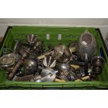 BOX CONTAINING SILVER PLATE, CANDLESTICKS, TEA SET ETC