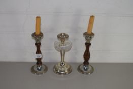 THREE SILVER METAL CANDLESTICKS