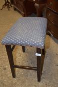 SMALL STOOL WITH DARK WOOD FRAME, MARKED TO THE BASE "CORONATION GRV", 43CM WIDE