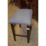 SMALL STOOL WITH DARK WOOD FRAME, MARKED TO THE BASE "CORONATION GRV", 43CM WIDE