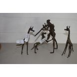 METAL MODELS OF GIRAFFES AND A HUNTER AND DOG