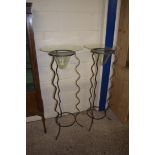 PAIR OF UNUSUAL CONTEMPORARY IRON THREE LEGGED STANDS HOLDING CLEAR GLASS BOWLS FOR FLORAL