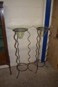 PAIR OF UNUSUAL CONTEMPORARY IRON THREE LEGGED STANDS HOLDING CLEAR GLASS BOWLS FOR FLORAL