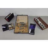 GENTS RAZOR SET, BOX CONTAINING QTY OF BUTTONS, BOX WITH METAL DESIGN OF CHICKENS ETC