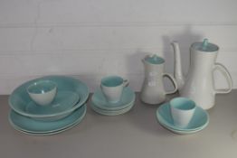 COFFEE SET BY POOLE WITH GREEN GROUND, COFFEE POT, HOT WATER JUG, CUPS AND SAUCERS