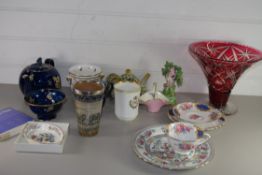 TRAY CONTAINING POTTERY INCLUDING A DOULTON LAMBETH BEAKER WITH SILVER RIM BY HANNAH BARLOW (