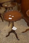 SMALL REPRODUCTION MAHOGANY WINE TABLE WITH PIE CRUST EDGE TOP AND TRIPOD BASE, 52CM HIGH
