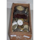 WOODEN BOX CONTAINING CLOCK AND POCKET WATCH SPARES