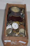 WOODEN BOX CONTAINING CLOCK AND POCKET WATCH SPARES