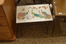 SMALL RETRO TILE TOP COFFEE TABLE DECORATED WITH PEACOCKS, 36CM HIGH