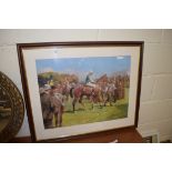 AFTER MUNNINGS, COLOURED PRINT, HORSE RACING SCENE, FRAMED AND GLAZED, 79CM WIDE