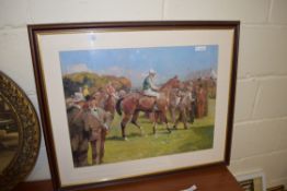 AFTER MUNNINGS, COLOURED PRINT, HORSE RACING SCENE, FRAMED AND GLAZED, 79CM WIDE