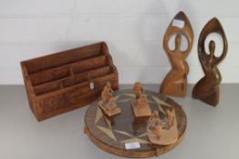 WOODEN ITEMS INCLUDING THREE SMALL WOODEN FIGURES