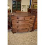 VICTORIAN MAHOGANY BOW FRONT CHEST OF TWO SHORT OVER THREE LONG DRAWERS WITH TURNED KNOB HANDLES,