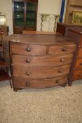 VICTORIAN MAHOGANY BOW FRONT CHEST OF TWO SHORT OVER THREE LONG DRAWERS WITH TURNED KNOB HANDLES,