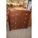 VICTORIAN MAHOGANY CHEST OF TWO SHORT OVER THREE LONG DRAWERS FITTED WITH GLASS HANDLES, 109CM WIDE