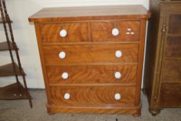 VICTORIAN MAHOGANY VENEERED CHEST OF TWO SHORT AND THREE LONG DRAWERS WITH WHITE CERAMIC HANDLES,