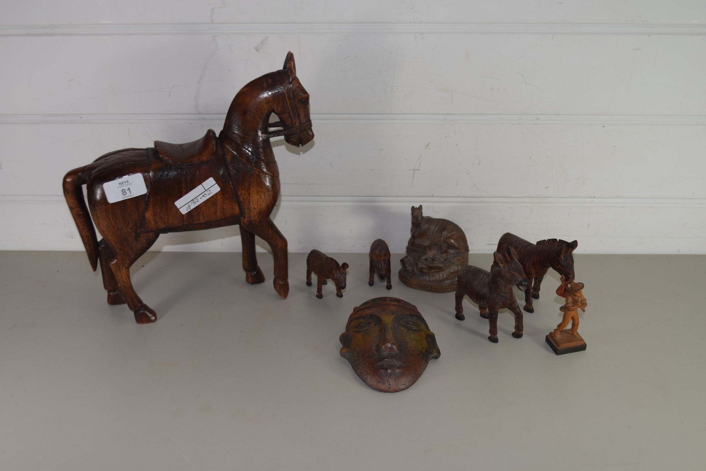 LARGE WOODEN MODEL OF A HORSE AND OTHER WOODEN MODELS