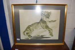 SET OF THREE COLOURED PRINTS, GIRAFFE, ZEBRA AND LION, ALL GILT FRAMED AND GLAZED