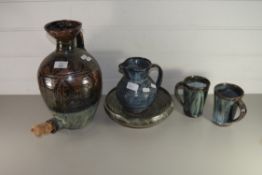 STUDIO POTTERY WARES INCLUDING A MUG WITH MONOGRAM TO BASE, POSSIBLY LALI KWALE, AND OTHER STUDIO