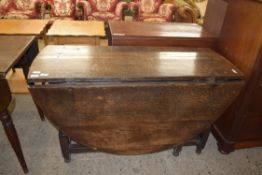 18TH CENTURY OVAL OAK DROP LEAF DINING TABLE ON TURNED FRAME, 128CM WIDE