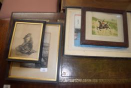 MIXED LOT: VARIOUS PICTURES TO INCLUDE JAPANESE WOOD BLOCK PRINT, BOTANICAL STUDY, HUNTING SCENE AND