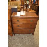 SMALL 19TH CENTURY MAHOGANY THREE DRAWER CHEST WITH RINGLET HANDLES, 79CM WIDE