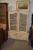 CONTINENTAL PAINTED SIDE CABINET, THE TOP SECTION WITH TWO GLAZED DOORS AND SHELVES INTERIOR OVER