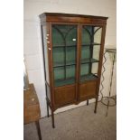 EDWARDIAN MAHOGANY AND INLAID TWO-DOOR DISPLAY CABINET WITH FABRIC LINED SHELVED INTERIOR, 170CM