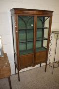 EDWARDIAN MAHOGANY AND INLAID TWO-DOOR DISPLAY CABINET WITH FABRIC LINED SHELVED INTERIOR, 170CM