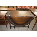 20TH CENTURY OAK GATE LEG TABLE WITH CARVED DETAIL, 97CM WIDE