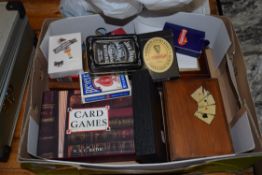 BOX OF PLAYING CARDS AND PLASTIC BAG WITH VARIOUS PLAYING CARDS, SOME IN ORIGINAL WOODEN BOXES