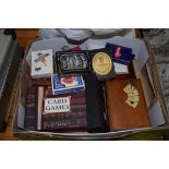 BOX OF PLAYING CARDS AND PLASTIC BAG WITH VARIOUS PLAYING CARDS, SOME IN ORIGINAL WOODEN BOXES