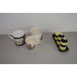 GROUP OF CERAMIC MUGS AND CONDIMENT SET WITH YELLOW AND BLACK DESIGN